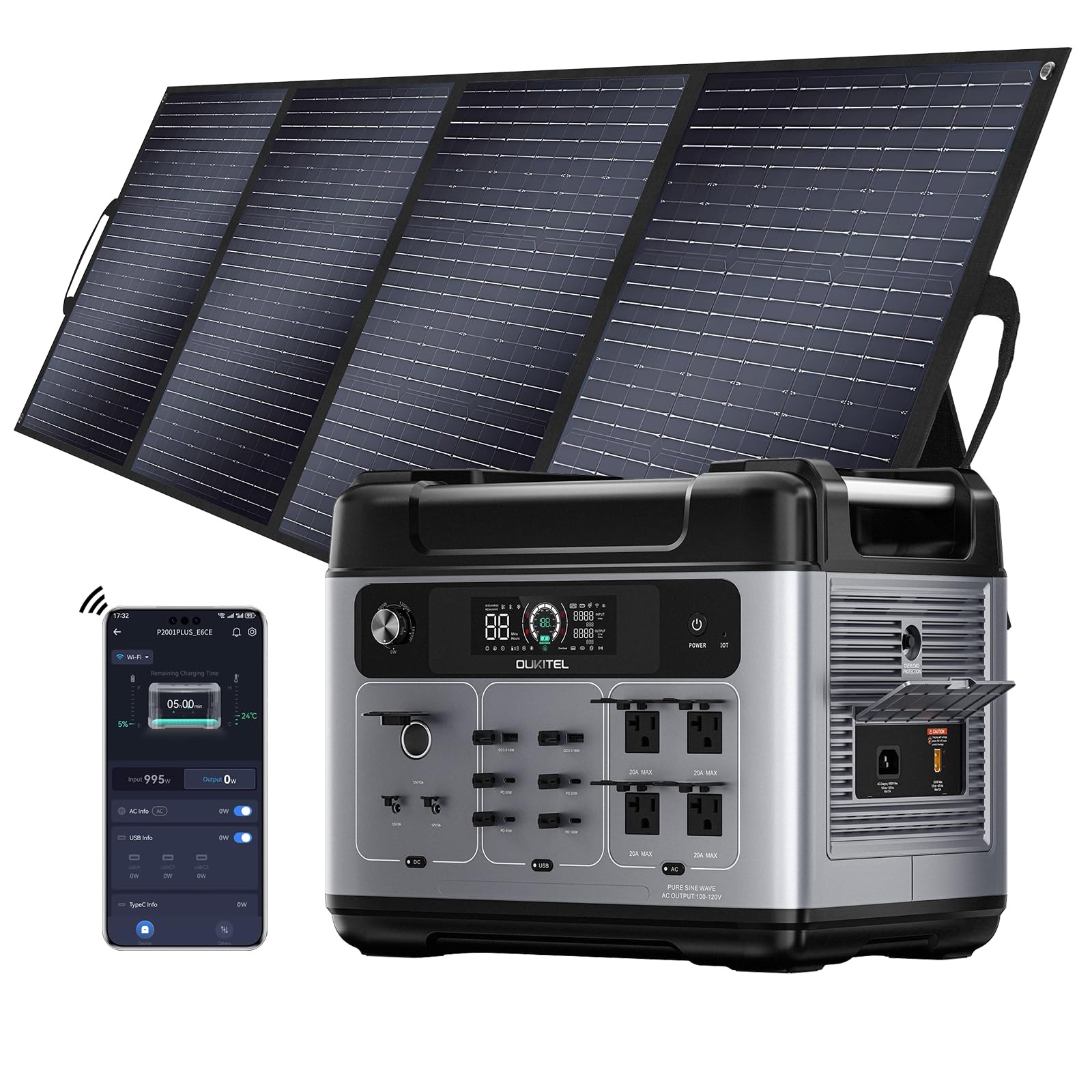 Power Station 2400W/ 2048Wh Solar Generator ++PV100 Fast Charging for Emergencie