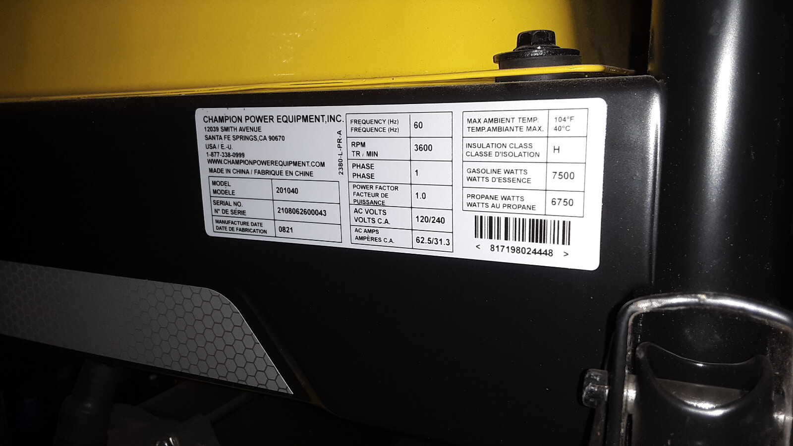 Champion generator 9375 watt portable electric start tri fuel model 201040 used